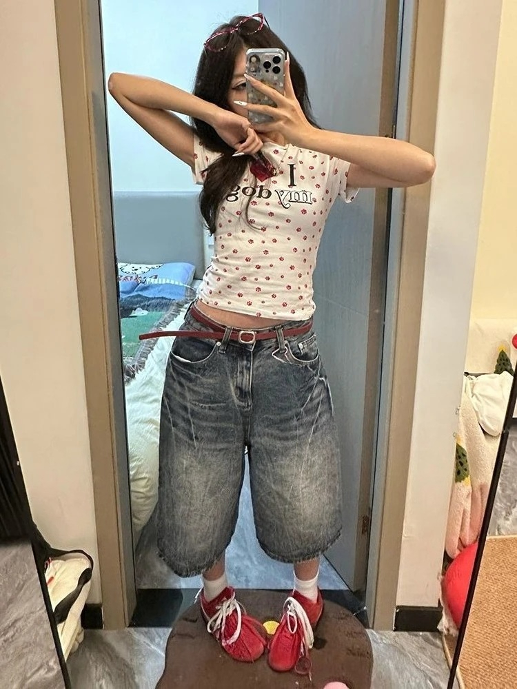 女性ヴィンテージ洗浄デニムジョルト Y2K ハイウエストだぶだぶワイドレッグ膝丈ショーツカジュアルストリート韓国ファッションジーンズボトムス