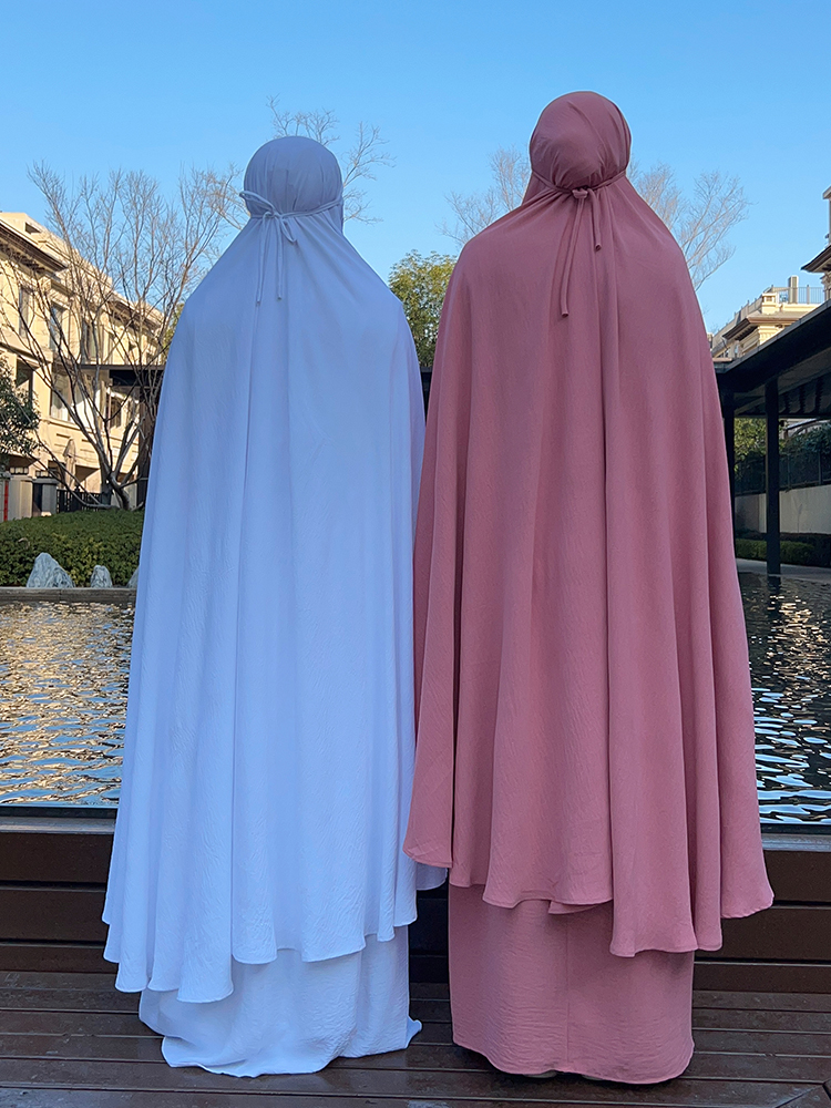 イスラム教徒の祈りアバヤセット 2 ピース女性の祈りの衣服ロングキマールラマダンドレスセットフード付きマキシスカートカフタンイスラム 2023 jilbab