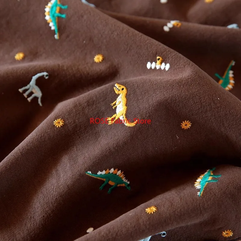 恐竜動物柄刺繍綿とリネン生地衣類生地ソファスロー枕 DIY 手作り素材