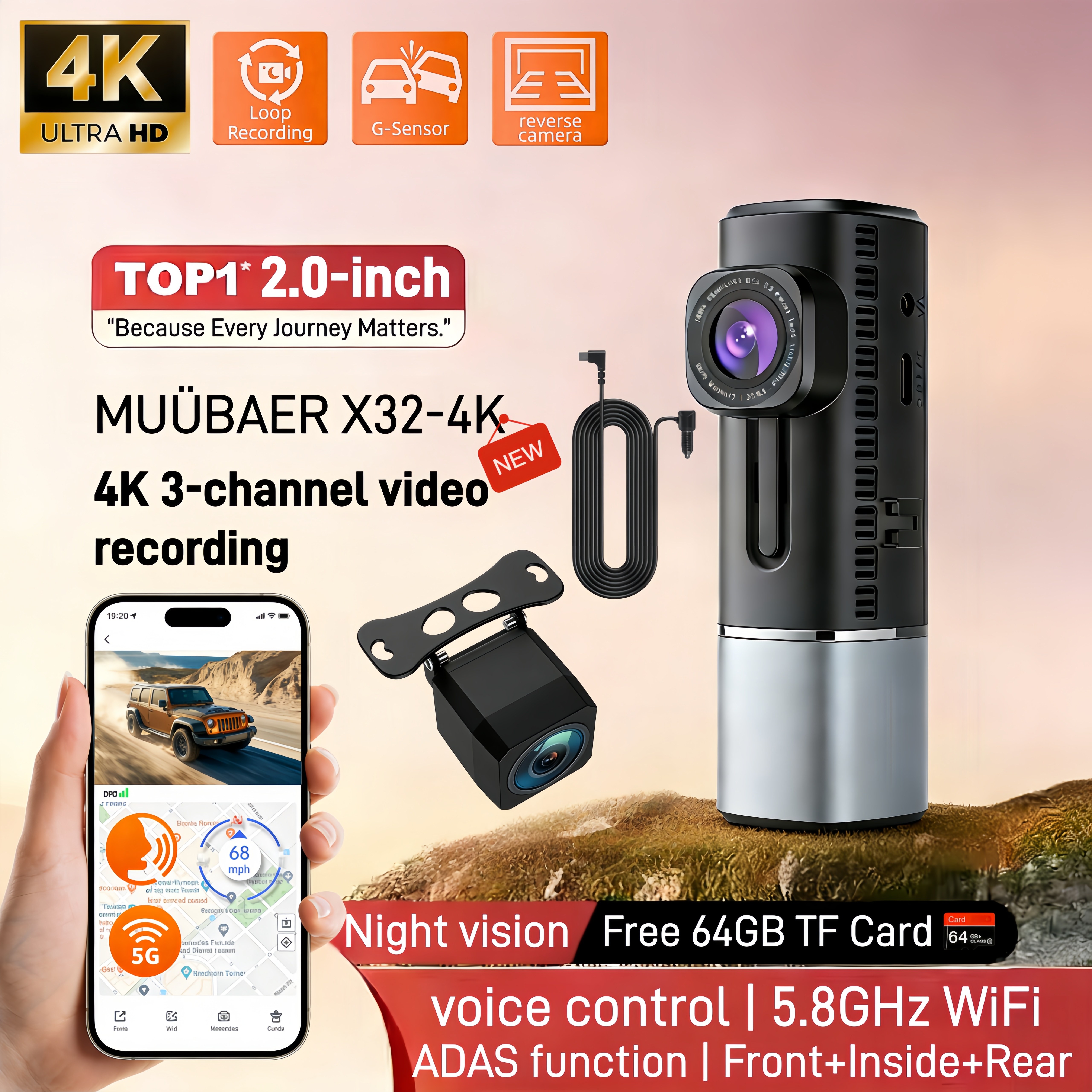 4K Ultra HD 3チャンネルダッシュカム WiFi APPコントロール、音声コントロール、ADAS機能、IRナイトビジョン、Gセンサー、TYPE-C、無料64GBカード