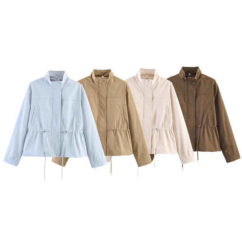 女性のジャケットコート秋のファッションドローストリングジャケット女性スタンドカラー長袖コートカジュアル女性アウターシックなトップス