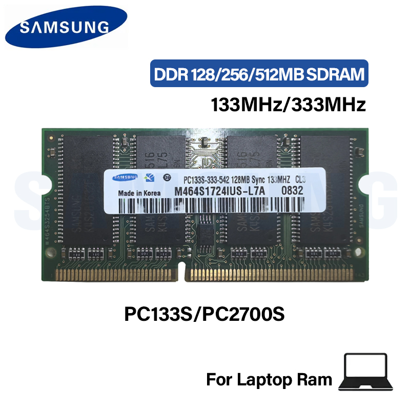 Samsung製ノートパソコン用SDRAM DDR 128MB 256MB 512MB 133MHz 333MHz PC133S PC2700S 非ECC アンバッファード 3.3V 144ピン ノートブックメモリ