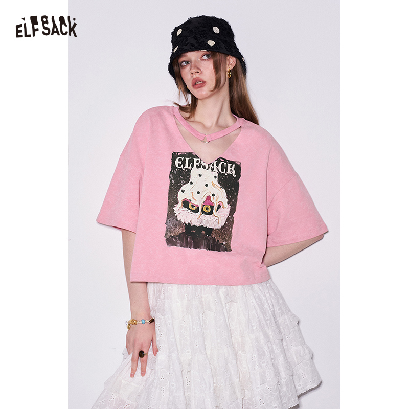 ELFSACK モンスターキャットプリントクロップTシャツ、Vネック半袖ルーズTシャツ、女性用かわいいゴシックカジュアルトップス