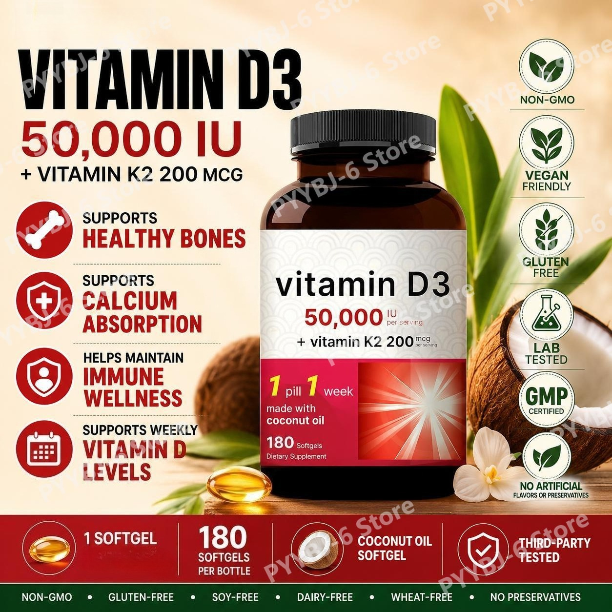 ビタミン D3 ビタミン K2 ソフトジェルはカルシウムの吸収と骨をサポートします 50,000 IU D3 と 200 Mcg MK-7 K2 ソフトジェル 180 個