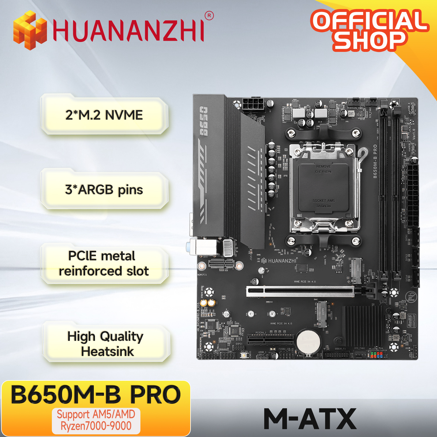 HUANANZHI B650M-B PRO AM5 M-ATX マザーボードサポート Ryzen 7000-9000 シリーズ DDR5 EXPO OC 6800MHz 2x PCIe 4.0 M.2 スロット ARGB 対応