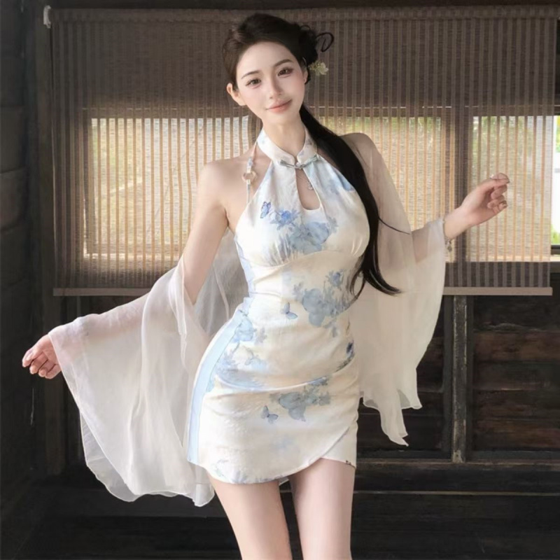 新しい中国風のクールなトーンのプリントノースリーブ修正チャイナドレス、エレガントでヴィンテージ、超妖精のような、体を抱き締めるようなSH