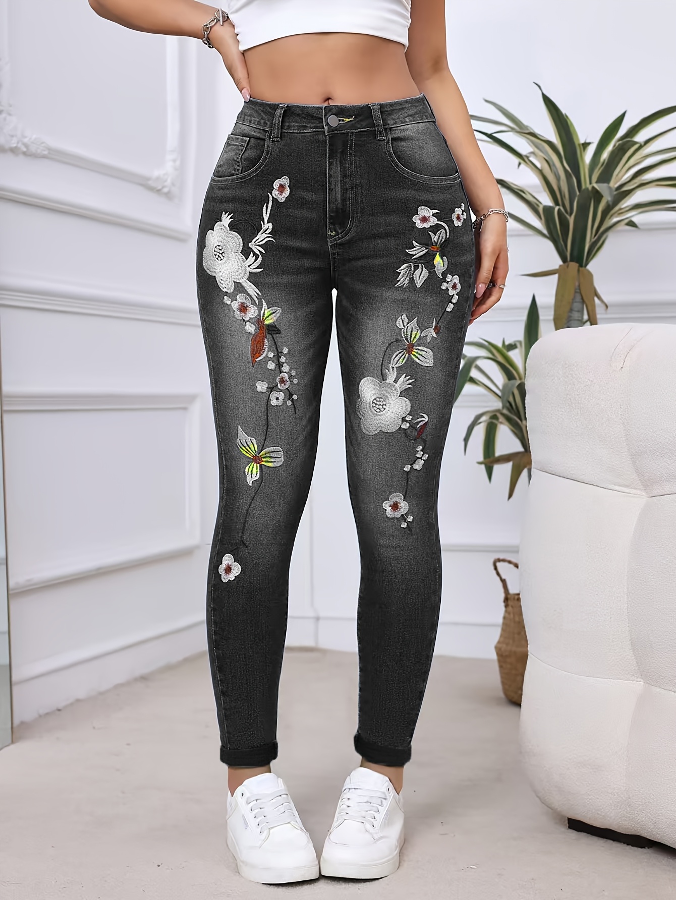 Y2k ジーンズ女性のためのハイウエスト花刺繍スキニーストレッチデニムパンツスリムフィット足首までの長さのエレガントな女性のパンツ