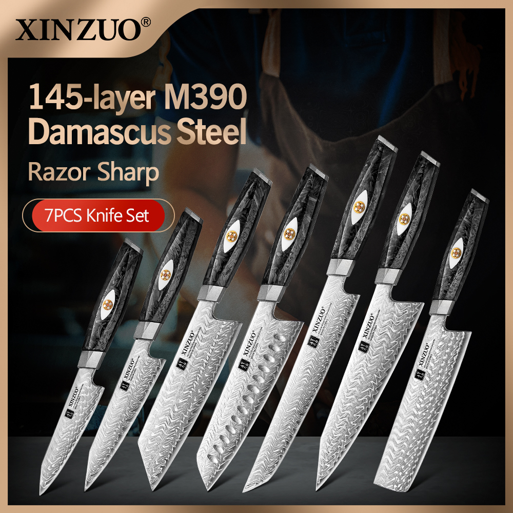 XINZUO 2PCS-7PCS ダマスカス鋼ナイフセット 145 層 M390 スチールブラックカーボンファイバーハンドル錆びにくいギフトボックス
