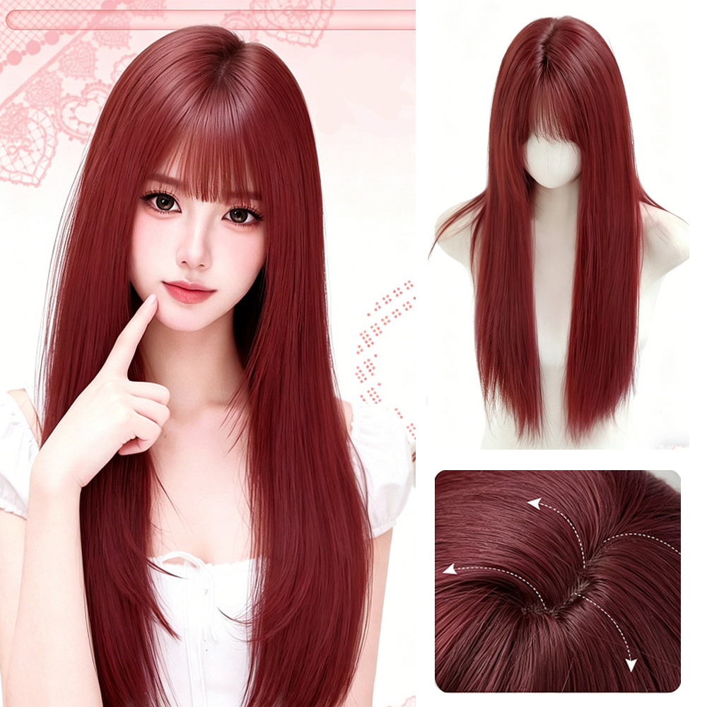 Raspberry Red High Quality Long Straight Synthetic Wig with Bangs Synthetic for Woman daily use and Cosplay Long Women's Wig