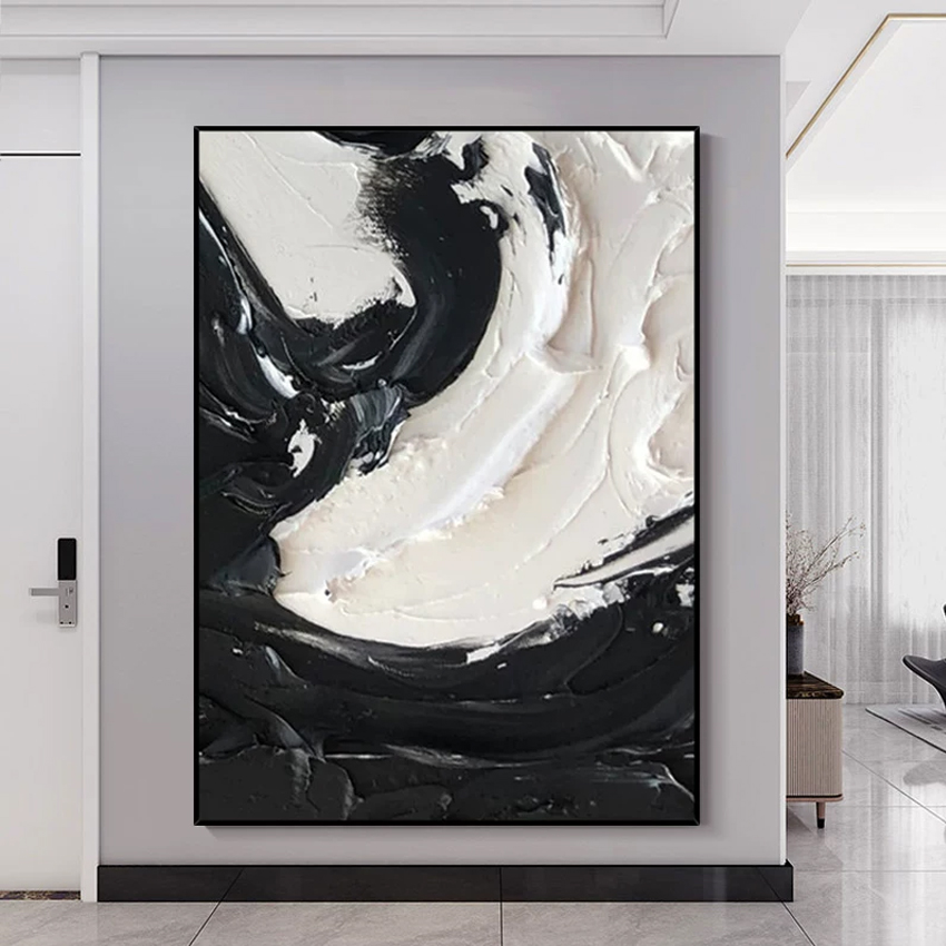 大サイズホテルの壁の装飾黒、白抽象ナイフアート重い厚いアクリル 3D 油絵高級手描きキャンバスアート