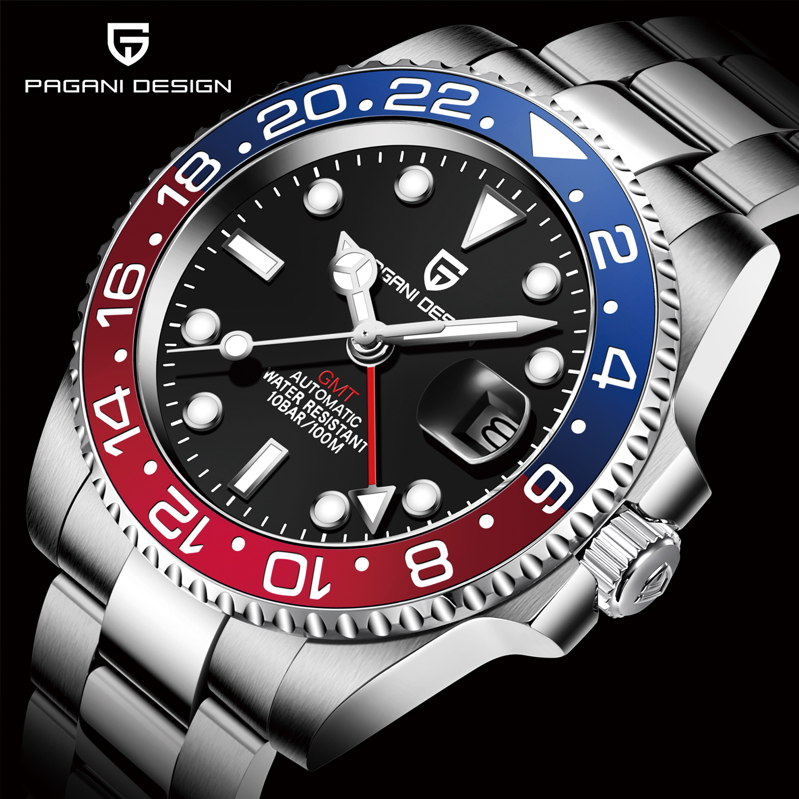 2026 新パガーニデザインの高級メンズ機械式時計ステンレス鋼 GMT 腕時計トップブランドのサファイアガラスメンズ腕時計リロイやつ
