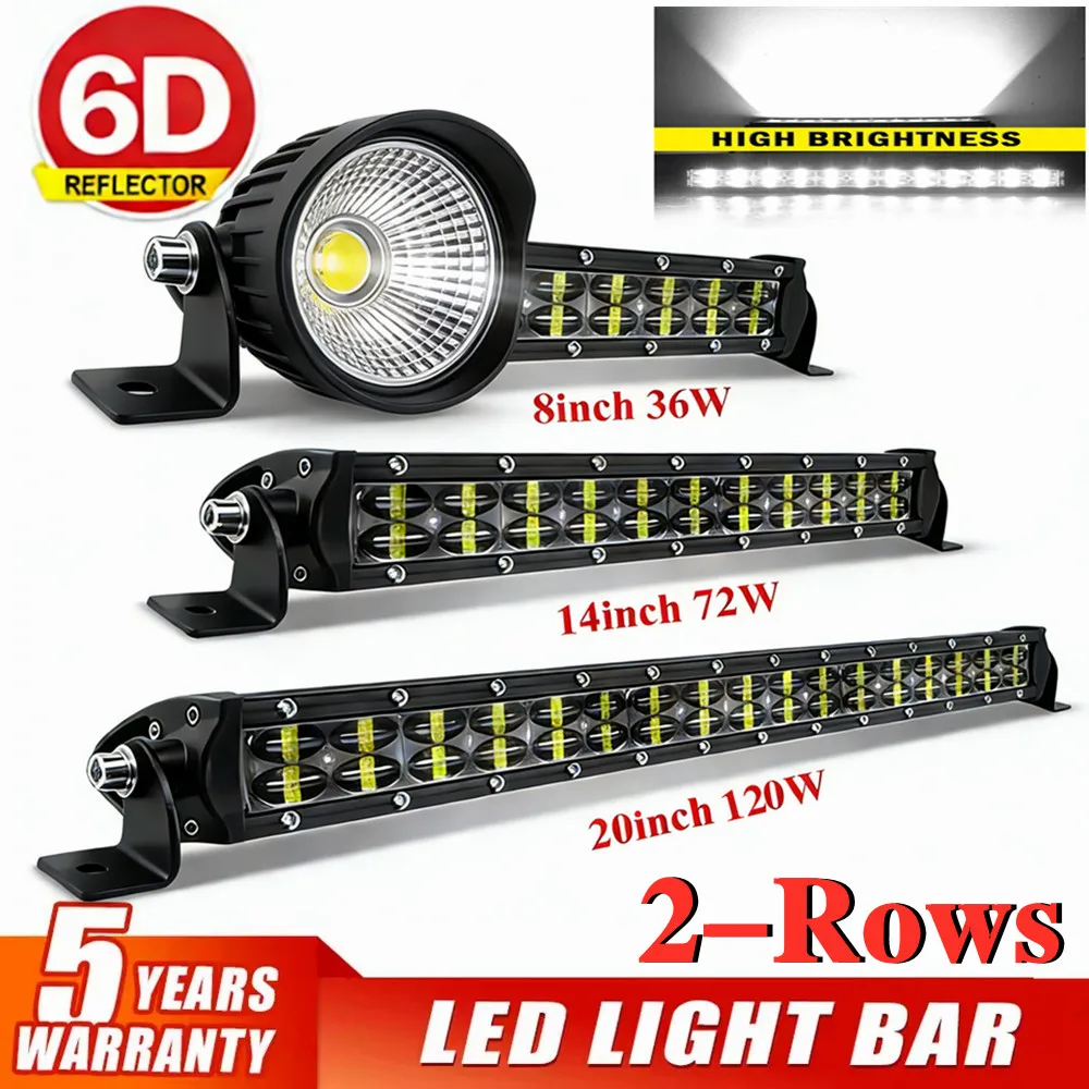 6D LED ライトバー 36 ワット 72 ワット 120 ワット 2 列 4X4 LED バートラクターオフロード 4WD SUV ATV トラック LED ワークライト 12V 24V 自動運転ランプ