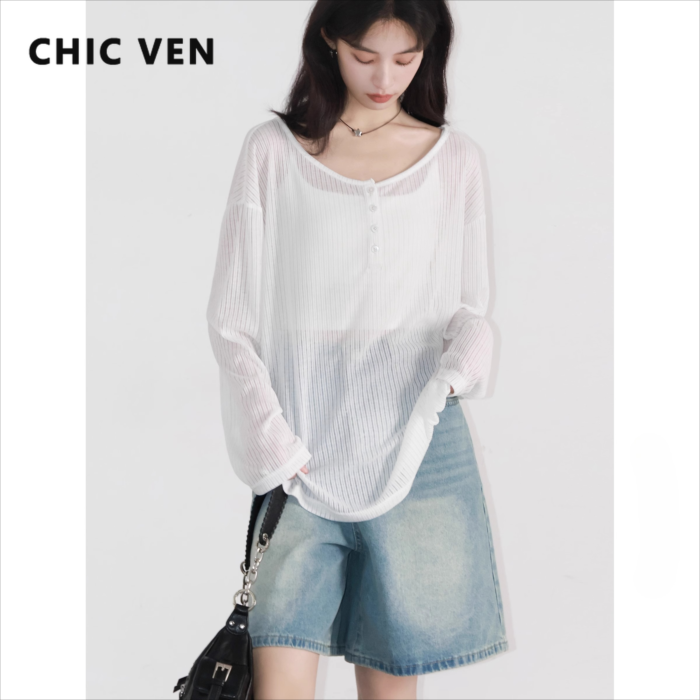 シック VEN 女性 Tシャツカジュアルルーズ新しいわずかに透明な O ネック女性トップ薄い日焼け止め Tシャツ春夏 2025