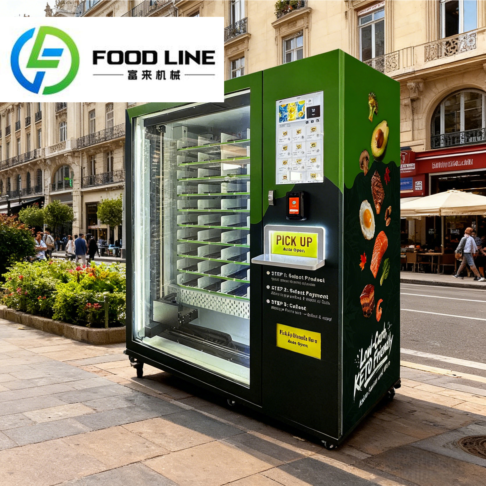 ショッピングモール、駅、公園、商店街、屋外用のカスタマイズされたホットフード朝食ディナーランチ自動販売機