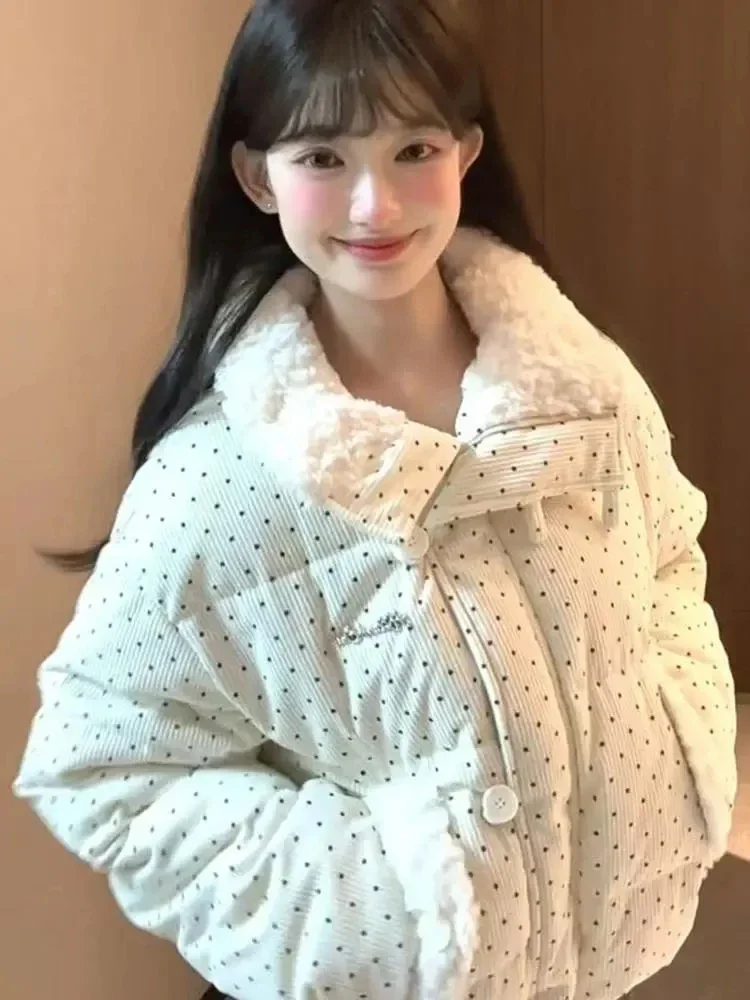 甘い水玉パーカー女性の冬ゆるいカジュアル厚みボタンパッチワークふわふわコート韓国のファッション毛皮の襟女性生き抜く