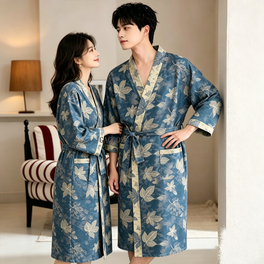新しいユニセックス夏の葉バスローブ女性パジャマ着物バスローブ夜の居心地の良いパジャマカップルドレッシングガウン男性ホーム服