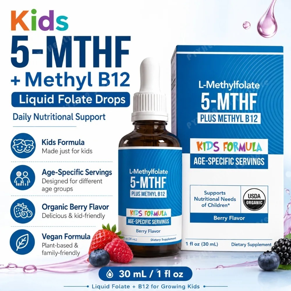 キッズ L-メチル葉酸 5-MTHF ドロップ、メチル B12 配合、子供用オーガニック ベリー フレーバー液体葉酸サプリメント、ビーガン フォーミュラ 30 ml