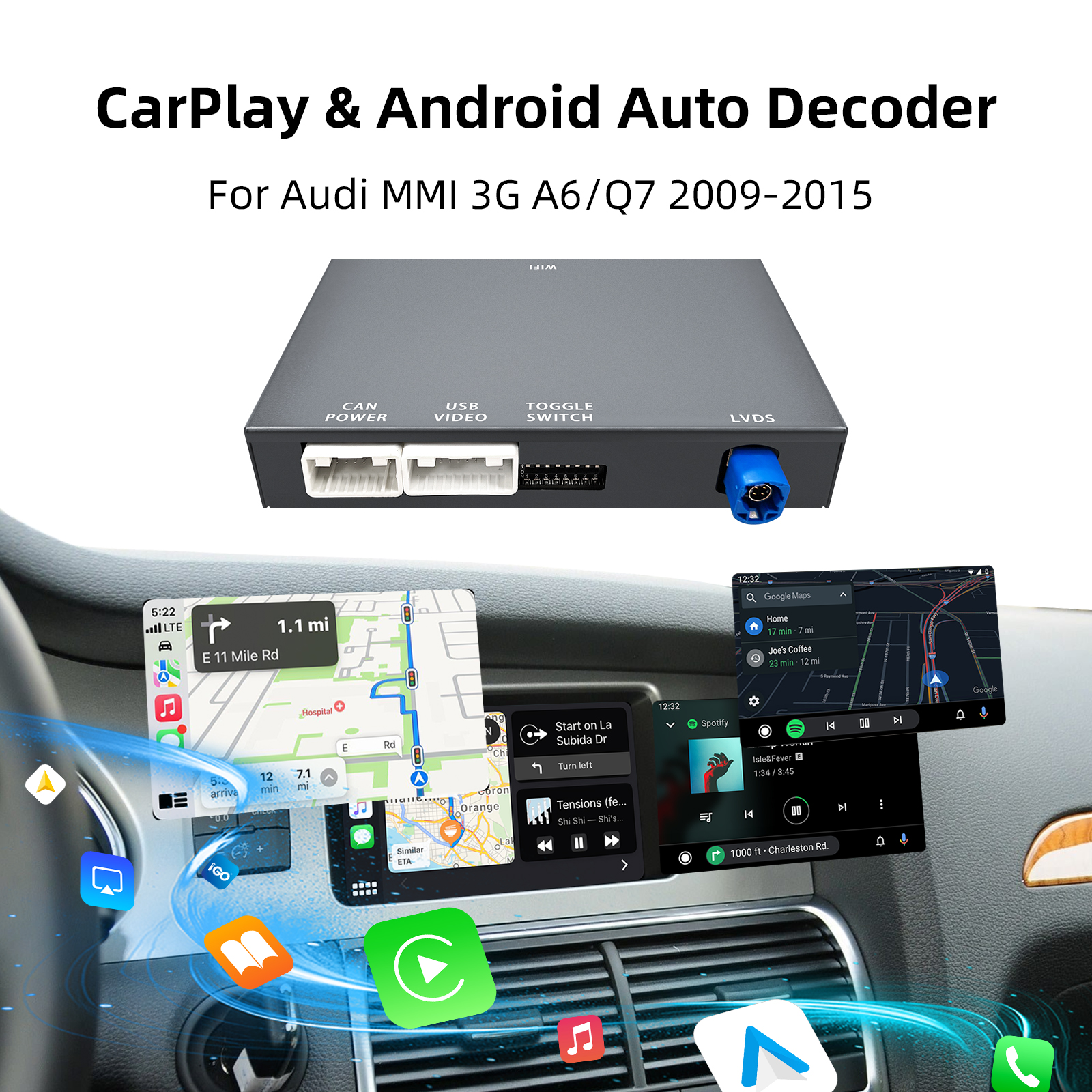 Ezonetronics OEM Screen Upgrade Decoder Box for Audi A6,Q7 2009-2015, 6.5"/7" Screen, MMI 3G with CarPlay & Android Auto