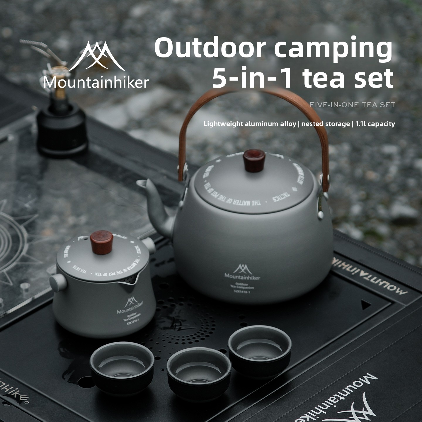Mountainhiker アウトドア ポータブル トラベル ティーセット 5 in 1 キャンプ フィルター お茶 醸造器具 ティーセット 1 ポット 3 カップセット