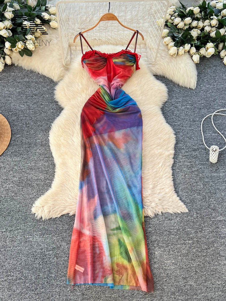 SINGREINY カラフルなグラデーションメッシュドレス夏スリムレーススプライススパイシーガールアメリカンインフェミニン官能的なホリデースリップロングドレス