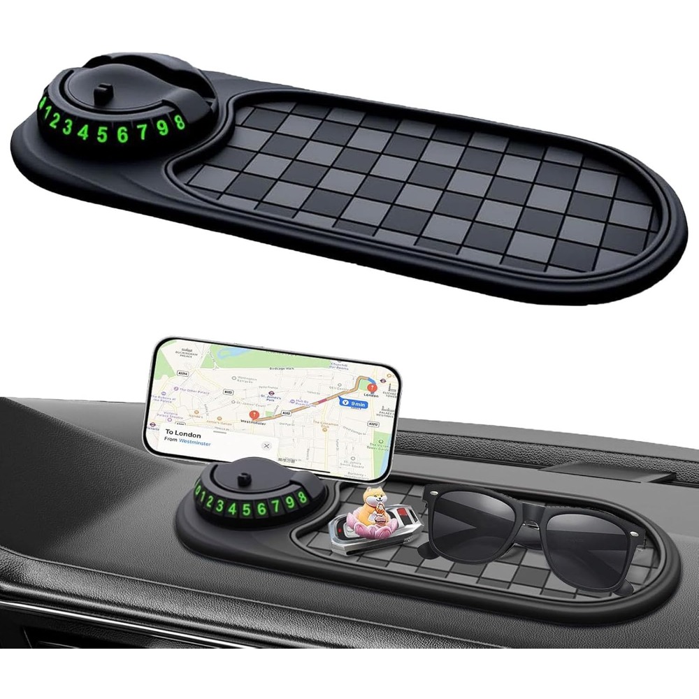 Car Anti-Slip Mat, Rotatable Anti Skid Car Dashboard Pad with Temporary Parking Numbe, Car Anti Slip Mat Phone Holder