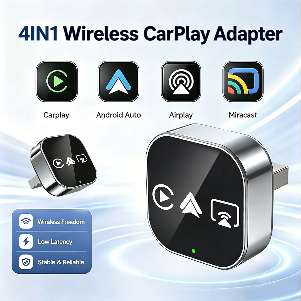 2026 アップグレード 4 in 1 ワイヤレス CarPlay Android Auto アダプター スマート ボックス カープレイ ドングル プラグ