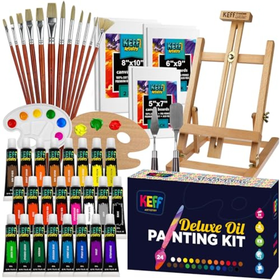 大人用油絵の具セット - 24 種類の油絵の具が入った画材ペイントキット、ストレッチキャンバス、アートイーゼル、ブラシ、パレット、Kn