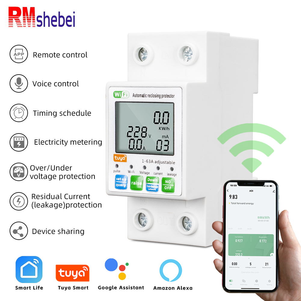 RMshebei Tuya スマート WiFi サーキットブレーカー 220V 2P 63A リモートコントロールタイミングスイッチ過電圧過負荷漏れ保護
