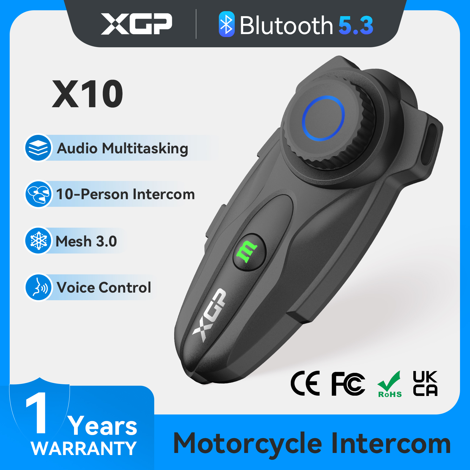 XGP X10 Bluetooth オートバイインターホンヘルメットヘッドセット、BT 5.3 ワイヤレス通信インターホン音楽共有 10 ライダー