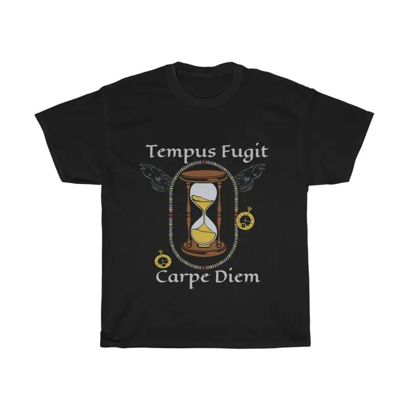 Tempus Fugit Carpe Diem ヘビーコットン T シャツ 時間が経つのは早いので、その日をつかみましょう