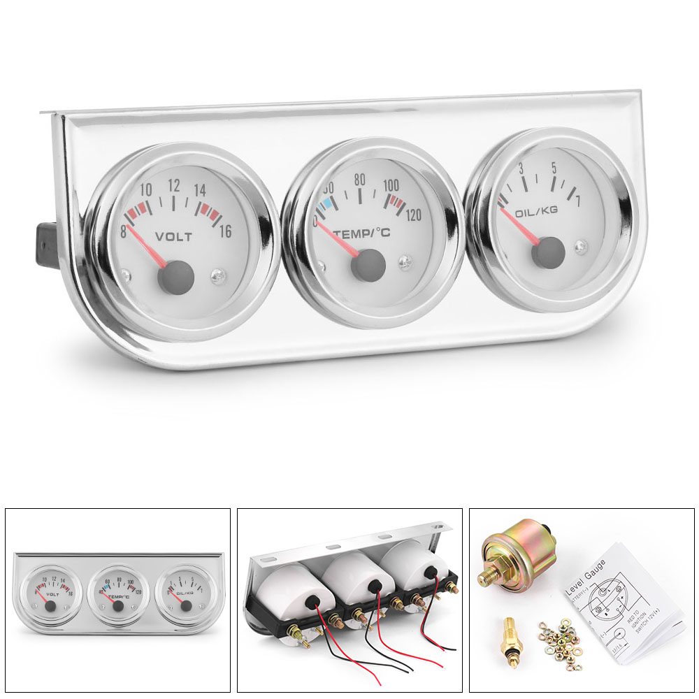 クローム 2''52MM トリプルゲージキット水温計電圧計油圧計センサー付きカーメーター TT100895