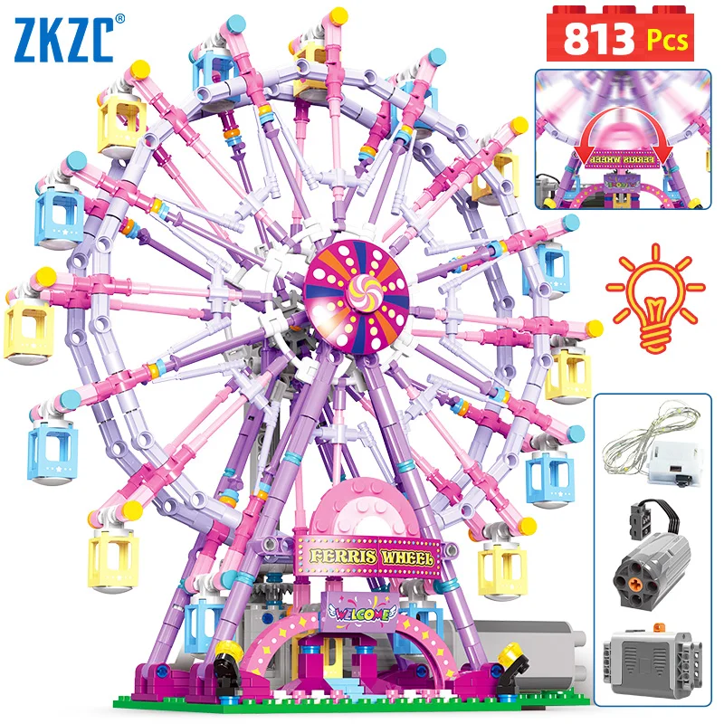 ZKZC 桜色シティフレンズ 7 色 LED 回転観覧車ビルディングブロック電気レンガのおもちゃ子供のギフト