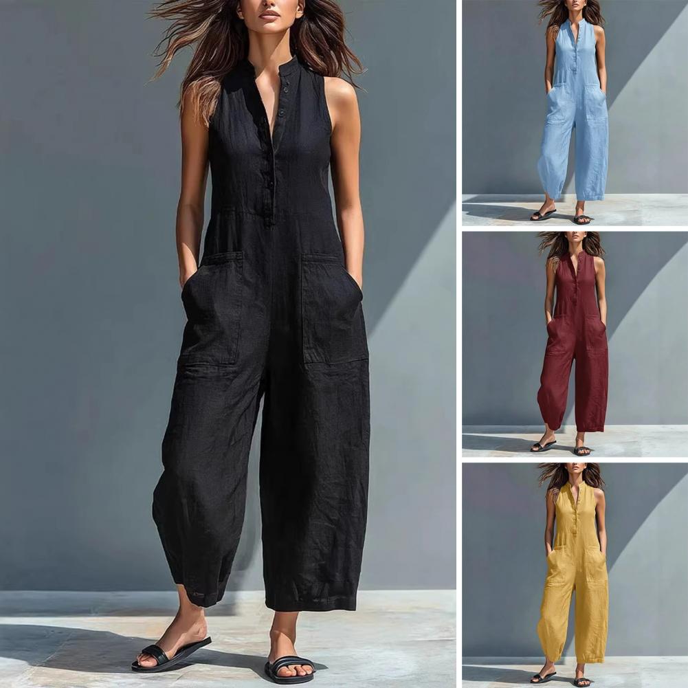 女性の夏のノースリーブジャンプスーツボタンアップスタンドカラールーズワンピースオーバーオールワイドレッグロングパンツロンパースポケット付き