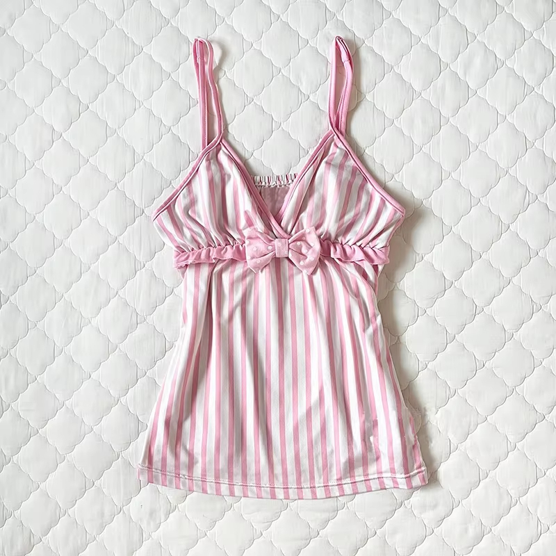 女性の夏の韓国のファッション甘い弓ストライププリント E-girl クロップトップスヴィンテージかわいい Y2K 日本ノースリーブシャツ 2000s キャミソール服