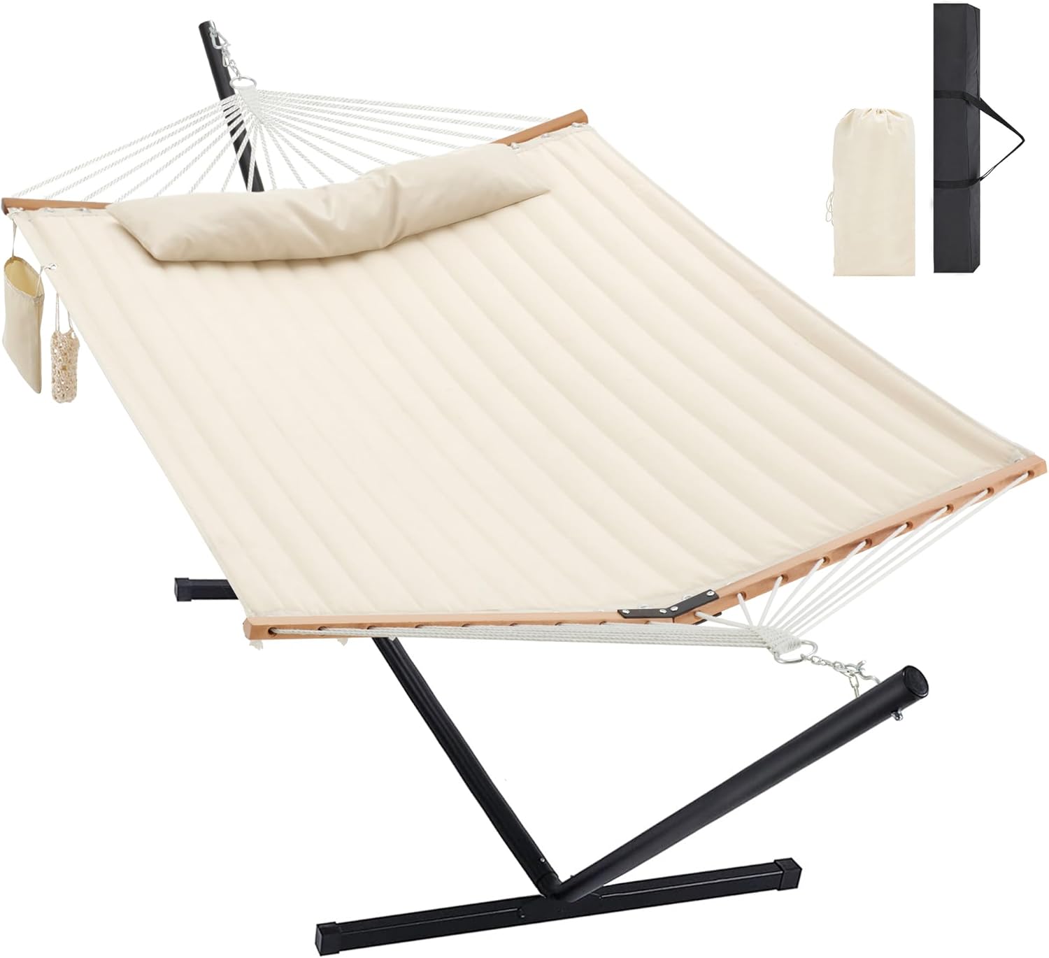 屋外用スタンド付き2人用ハンモック 高耐久、ポータブルスチールスタンド付き屋外パティオハンモック、ラージダブル