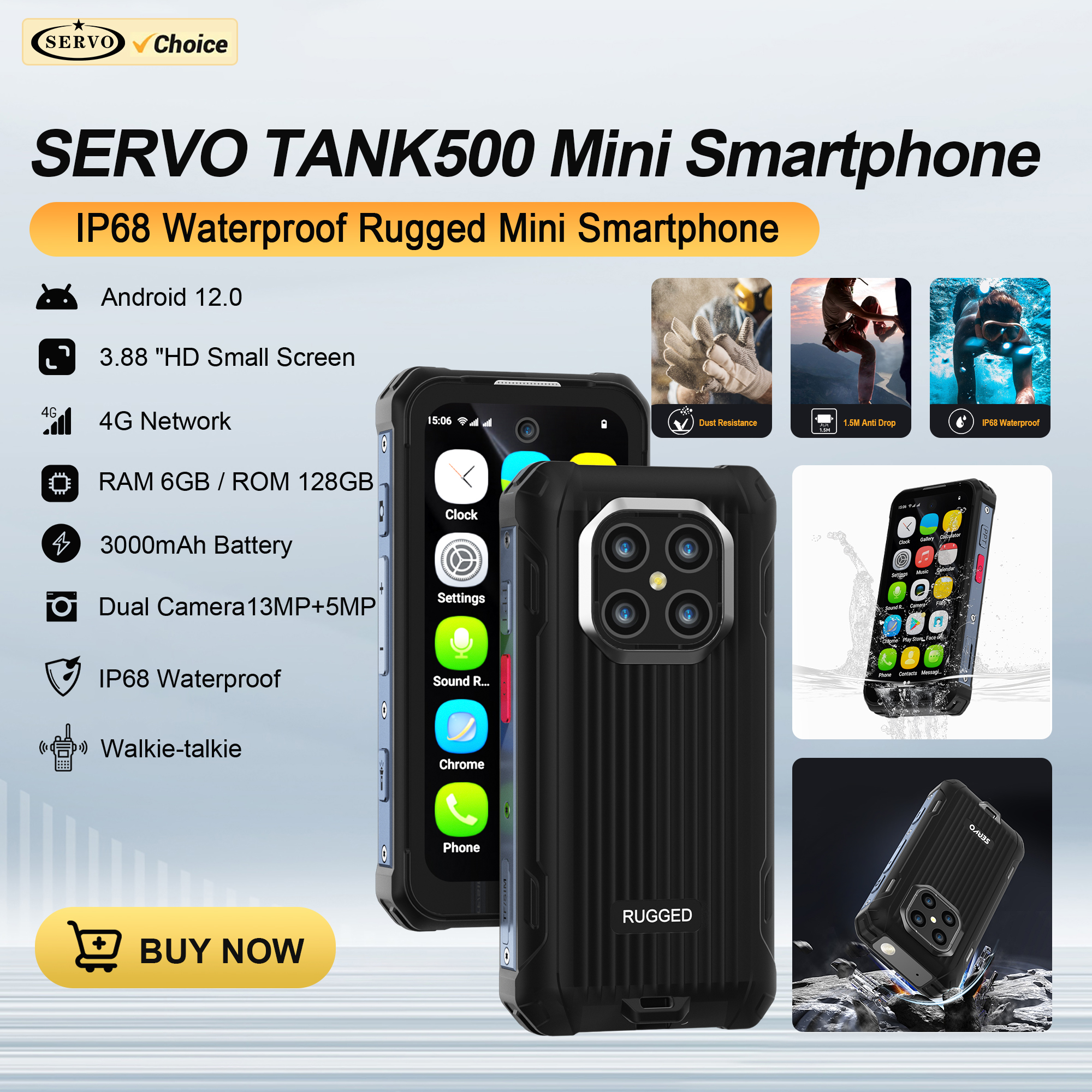 サーボタンク500 4G LTE ミニ頑丈なスマートフォン Android 12 OS 6GB 128GB PTT WiFi デュアル SIM カード IP68 防水小型スマート携帯電話