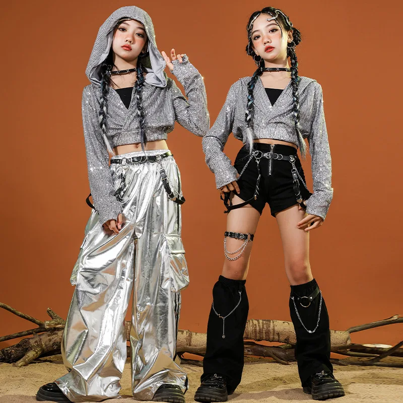 Girls K-pop Silver Black Sequin Hoodies Street Dance Shorts Loose Pants Kids Hip Hop Jazz Shiny Clothes Sets Children Streetwear
