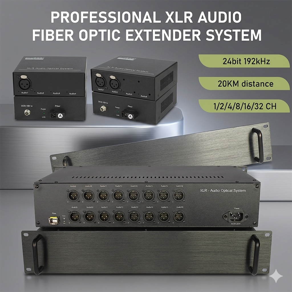 XLR オーディオファイバーコンバーター 1/2/4/8/16/32CH 24 ビット 192kHz 非圧縮放送グレードバランスオーディオエクステンダーシングルモード 20km
