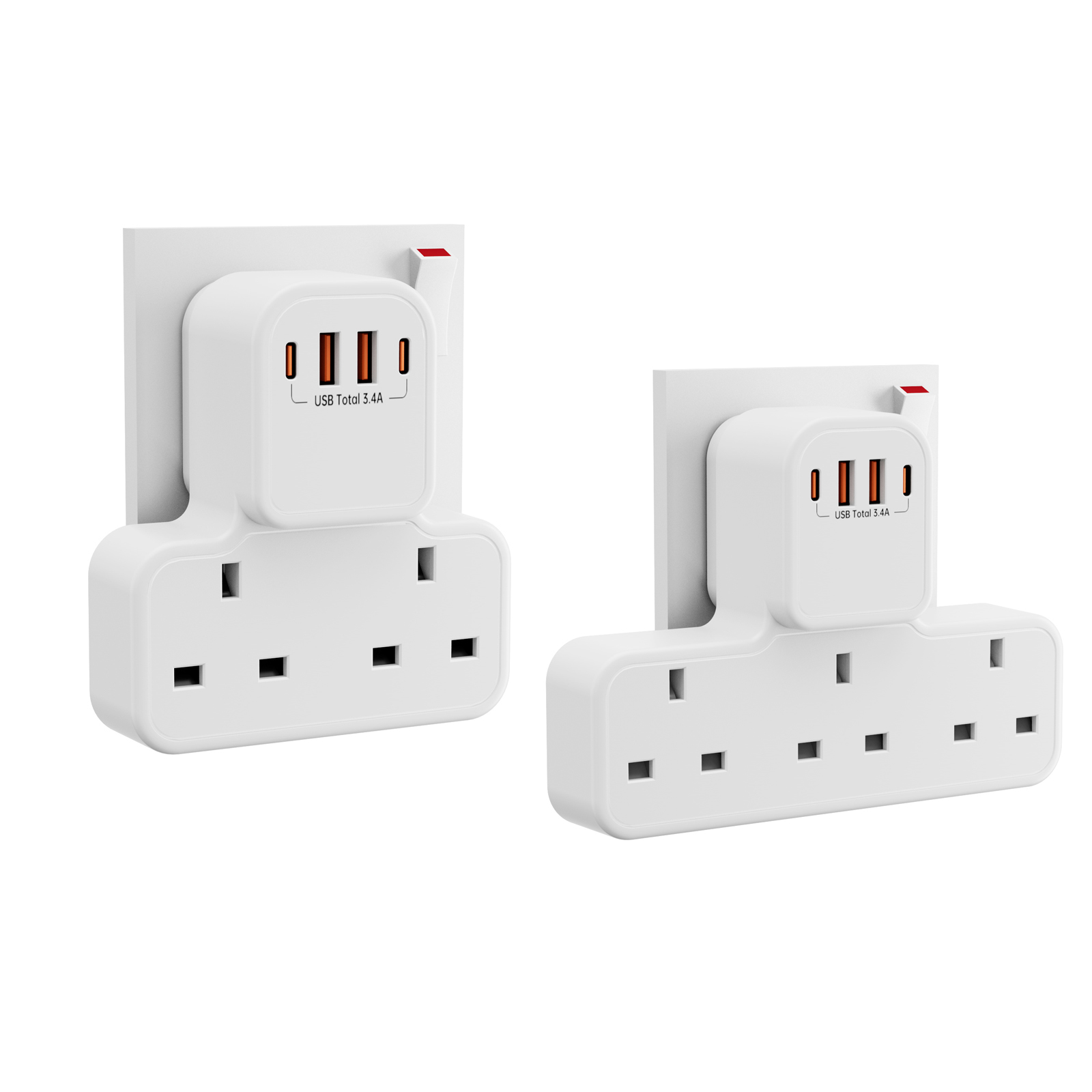 3250W 英国 AC プラグ パワー ストリップ 電気壁取り付けコンセント マルチタップ ネットワーク フィルター (USB-A 2 個、USB-C 充電アダプター 2 個付き)