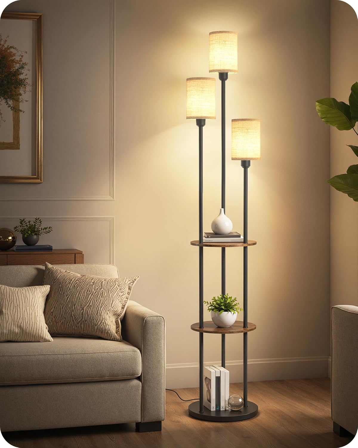70.9インチ 棚付きフロアランプ、3リネンシェードとフットスイッチ付きモダンフロアランプ、3ライトスタンディングランプ、素朴なブラウンとベージュEF53LD05