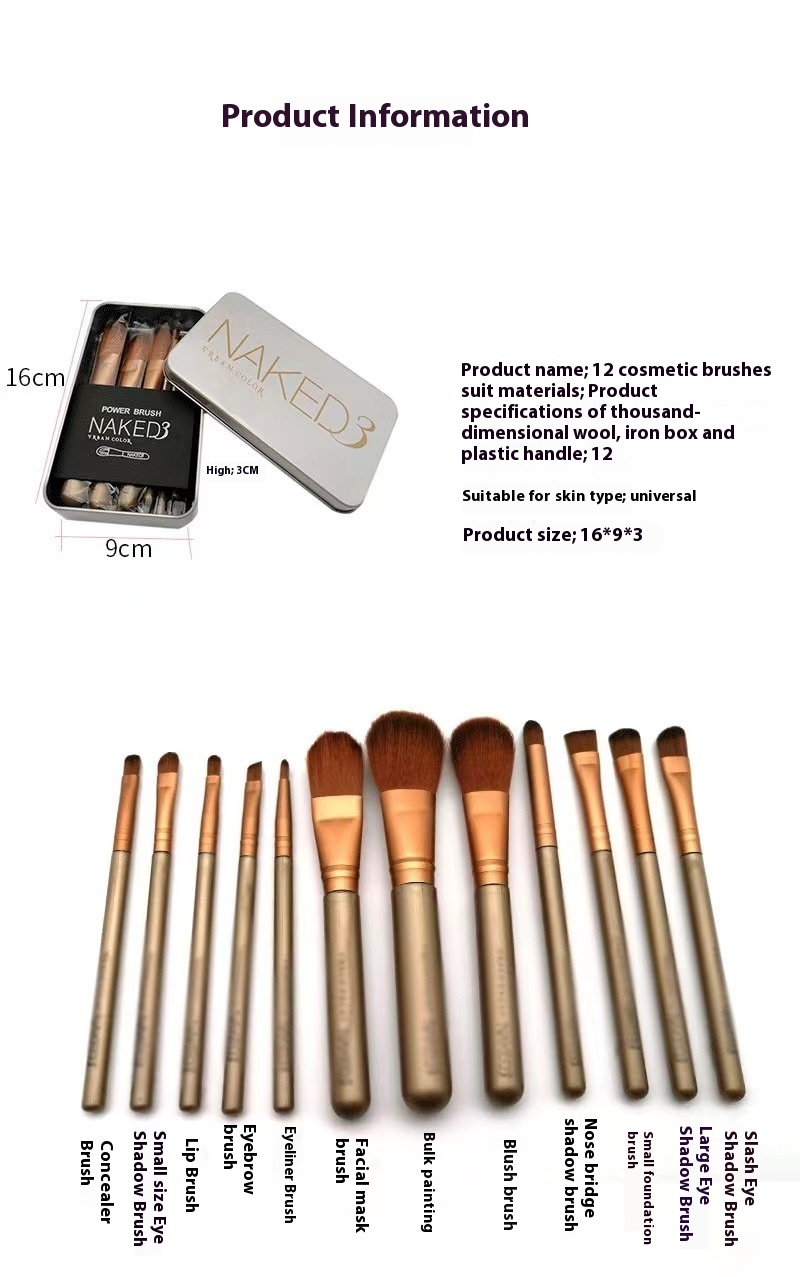 越境 NAKED3 メイクブラシセット 12 ピース鉄ボックス LGOO ポータブル美容ツール顔ワンピースドロップシッピング用にカスタマイズ可能