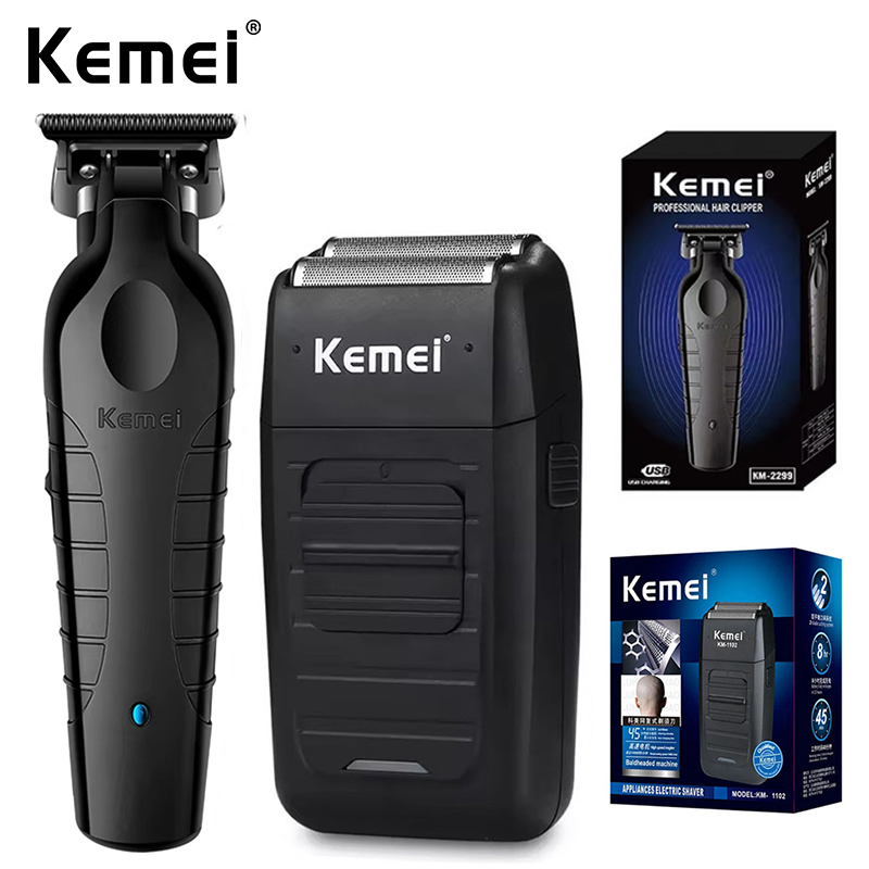 Kemei プロフェッショナル電気バリカン USB 充電式理髪トリマーメンズ電気シェーバークリッパー KM-2299 KM-1102 キット