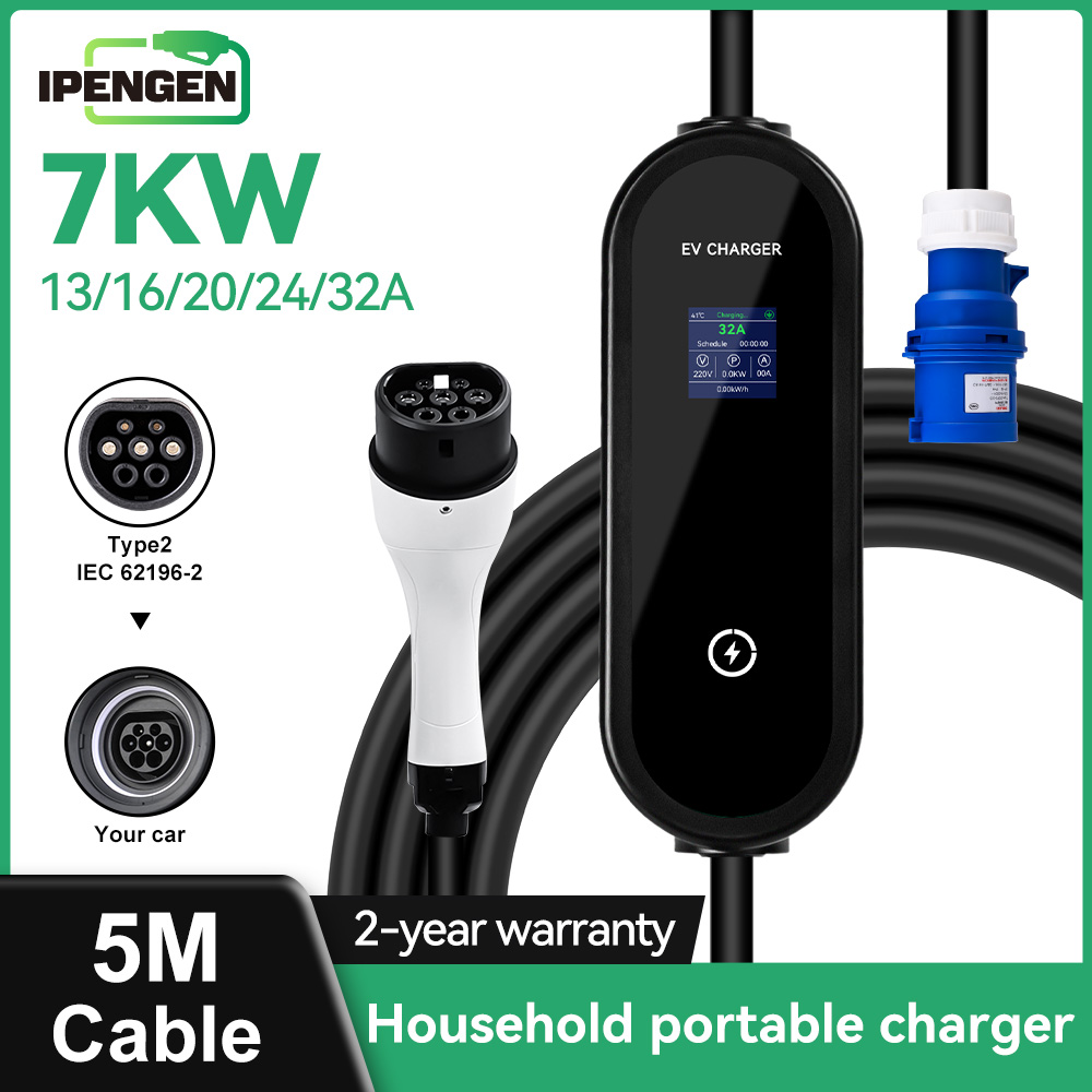 IPENGEN 7KW Type2 ポータブル EV 充電器 5 メートルケーブル EVSE 充電 CEE プラグ電気自動車用 13A-16A-20A-24A-32A 調整可能な電流