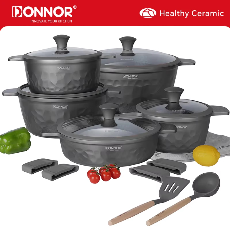 DONNOR 16 個ストックポット蓋付きキッチン誘導調理器具セット多目的ストックポットシチュー煮込みスープポット JT450