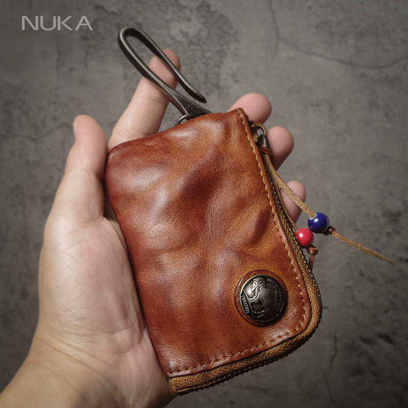 NUKA トップ牛革車のキーバッグ男性女性ヴィンテージジッパー小銭入れ本革財布カードホルダーハウスキーパーホームオーガナイザー