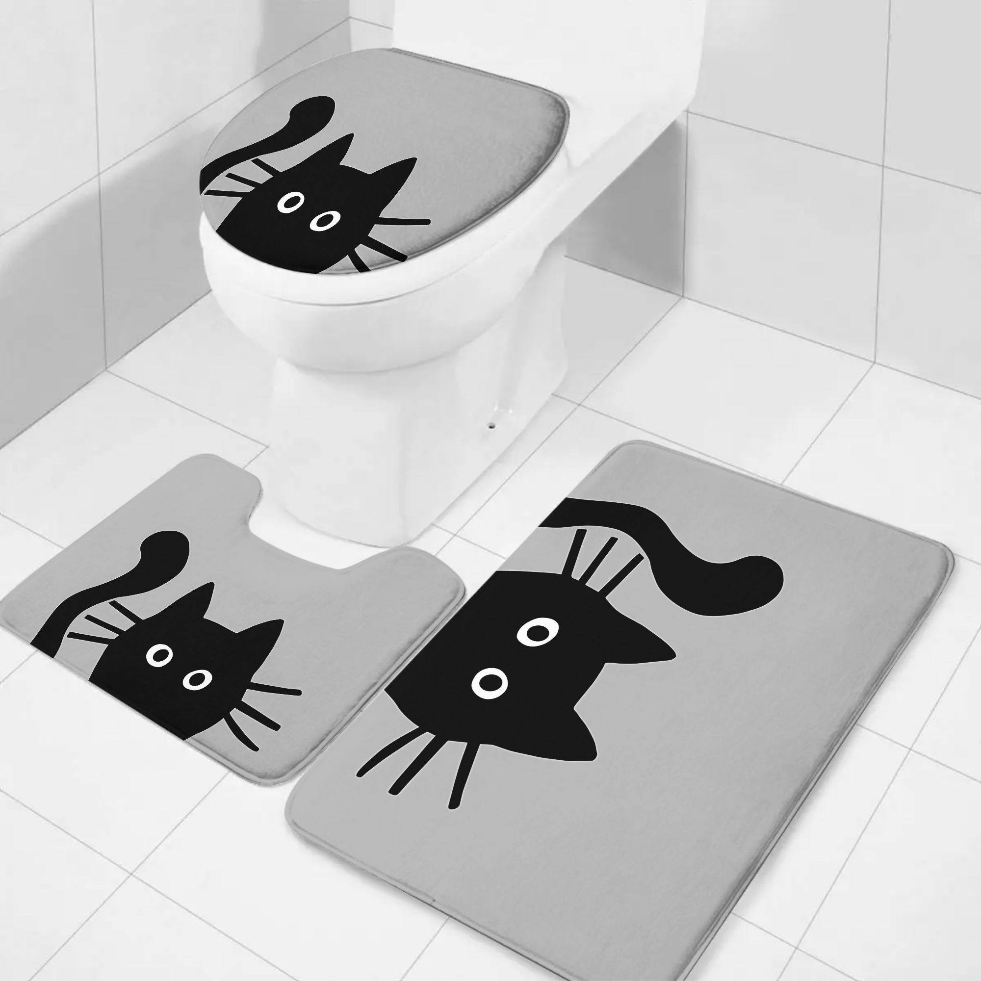 黒猫の楽しいバスセット 3 ピースマットトイレ蓋カバーと U 字型ラグソフトフランネルノンスリップコンパクトバスルーム装飾用