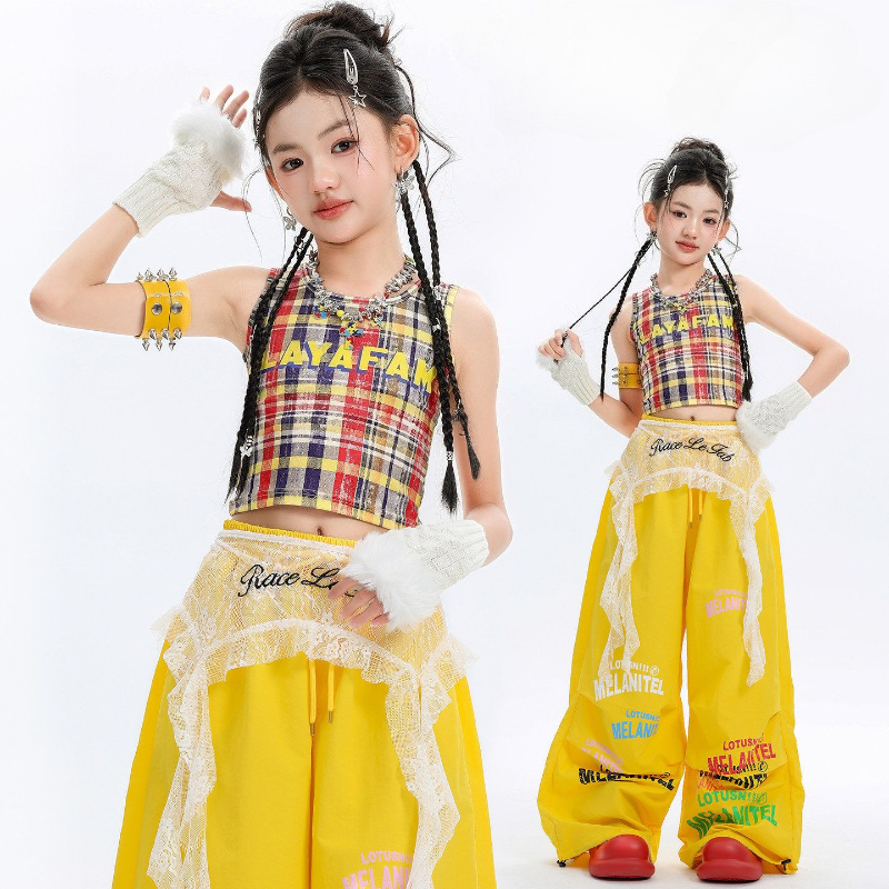 Girls Hip Hop K-pop Plaid Vest Top Baggy Pants Fashion Street Dance Outfits Streetwear Costumes Group Jazz Stage Clothes Sets