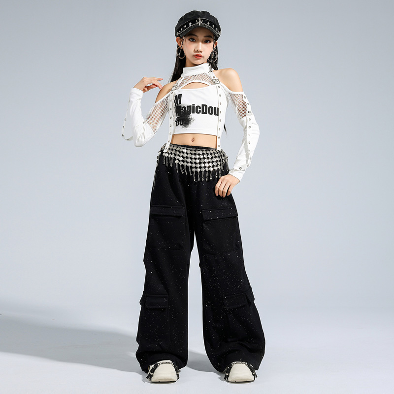 女の子ヒップホップ服白クロップオフショルダートップス散水シルバーパンツ子供ストリートダンス服ガールグループストリート
