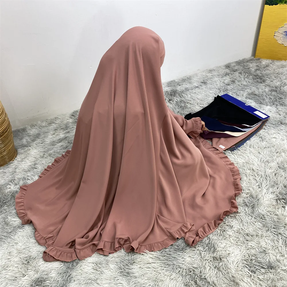 大 Khimar フリルイスラム教徒の女性のオーバーヘッドヒジャブアバヤベールスカーフトルコイスラム祈りアラビアイードフード付きラマダン服