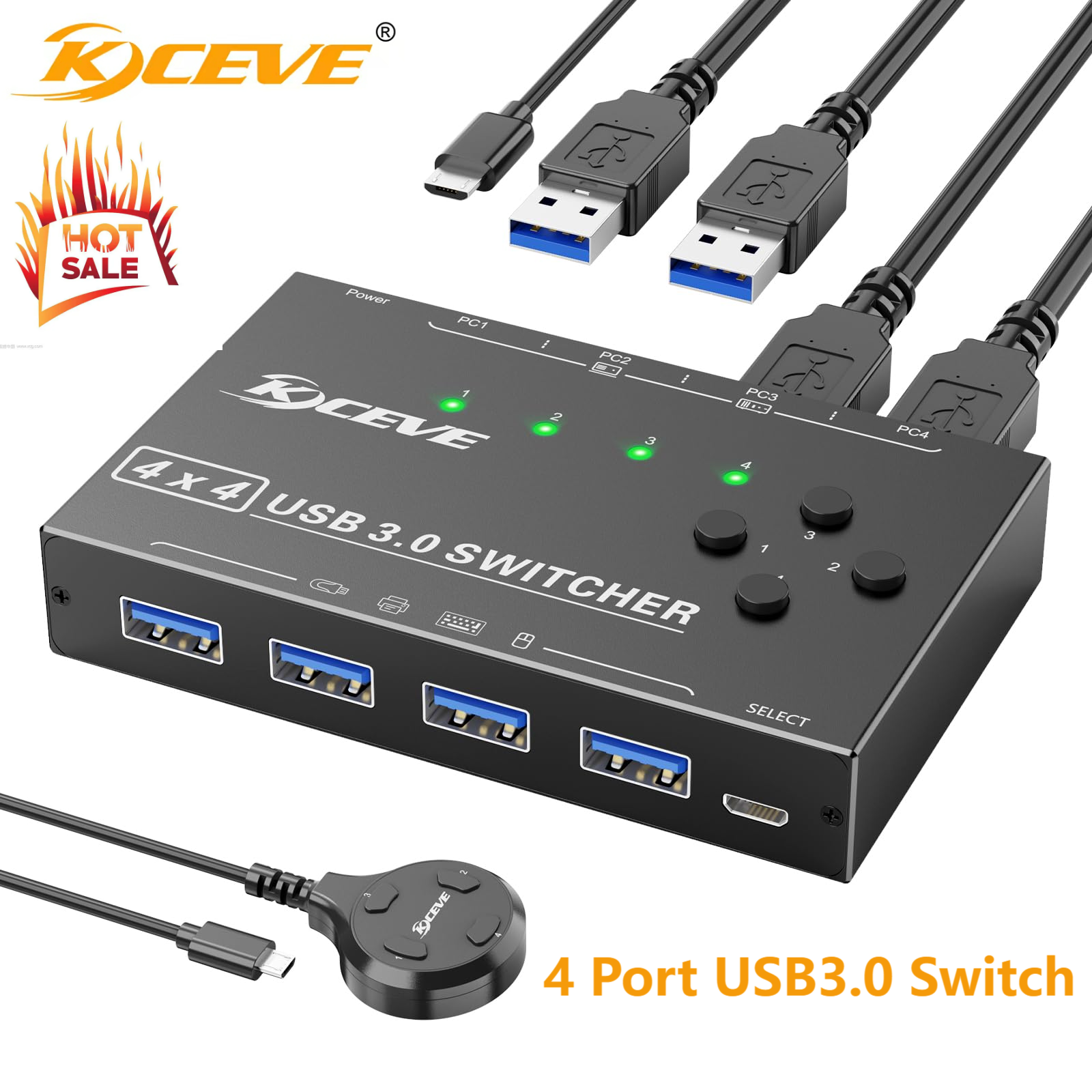 USB 3.0 スイッチ セレクター 4 ポート、KVM スイッチャー 4 台のコンピュータで 4 台の USB デバイスを共有、キーボード マウス プリンター用 USB 周辺機器スイッチャー